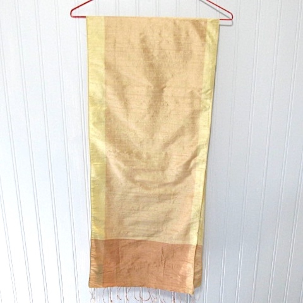 Pastel Peach Gold Dupion Raw Silk Fringed Ribbon Scarf - Picture 5 of 6